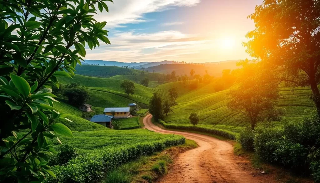 A lush, verdant landscape dotted with vibrant tea plantations under a warm, golden sun. In the foreground, a winding dirt road leads to a charming village, its colorful houses peeking through the verdant foliage. A gentle breeze rustles the emerald-hued leaves, creating a tranquil, serene atmosphere. In the middle ground, rolling hills covered in a patchwork of tea bushes stretch out towards the horizon, their dark-green hues contrasting beautifully with the azure sky above. The scene is bathed in a soft, diffused lighting, creating a pleasant, inviting mood perfect for a summertime adventure in Assam.