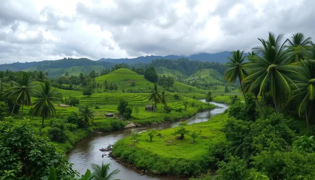 A lush, verdant landscape during the peak of the monsoon season in Punjab, India. Rolling hills and swaying palm trees frame a picturesque vista, with thick, billowing clouds overhead casting dramatic shadows across the scene. The air is thick with the scent of freshly fallen rain, as droplets glisten on vibrant foliage. In the foreground, a winding river reflects the surrounding greenery, its gentle currents carrying the life-giving waters of the monsoon. The lighting is soft and diffused, creating a serene, atmospheric mood that perfectly captures the essence of this bountiful time of year.