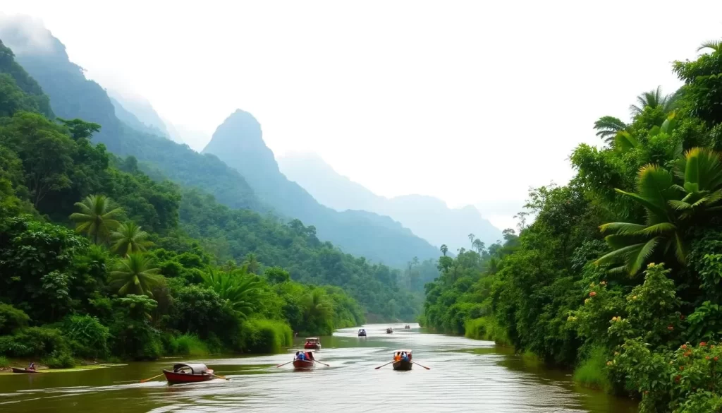 A lush, verdant landscape during the rainy season in Laos. In the foreground, a winding river with local boats gently floating along its tranquil currents. Towering mountains rise in the distance, their peaks shrouded in a veil of mist. Vibrant green foliage cascades down the slopes, dotted with the occasional splash of colorful flowers. The sky is overcast, with soft, diffused lighting that casts a warm, ethereal glow over the entire scene. The atmosphere is serene and peaceful, capturing the essence of Laos during this bountiful time of year.