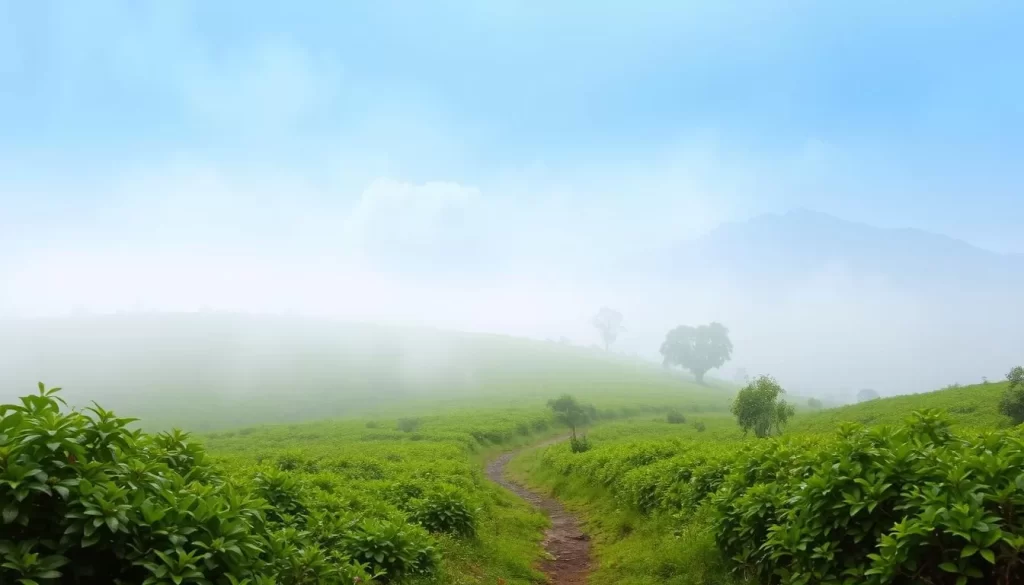 A lush, verdant landscape enveloped in a gentle haze of monsoon rains. Vibrant greenery, glistening with droplets, stretches across the foreground, hinting at the abundant flora of Chandigarh. In the middle ground, a winding path leads through the mist, inviting the viewer to explore the tranquil scene. The background is dominated by the silhouettes of towering mountains, their peaks shrouded in a veil of misty clouds, conveying a sense of serenity and wonder. Soft, diffused lighting bathes the entire composition, creating a dreamlike atmosphere that captures the essence of Chandigarh's captivating monsoon season.