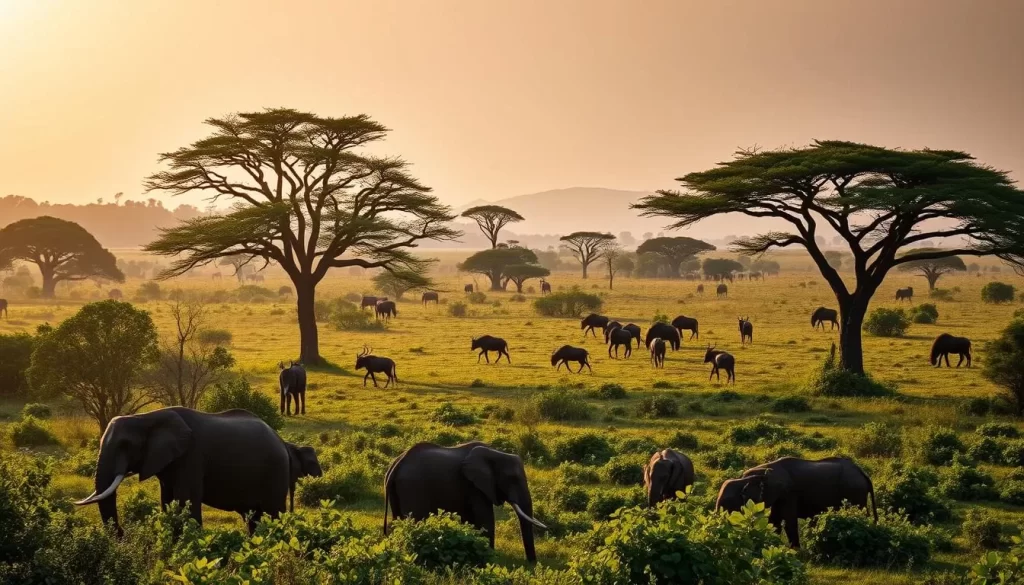 A lush, verdant landscape in Aberdare National Park, Kenya, where majestic animals roam freely. In the foreground, a family of elephants, their trunks gently swaying, graze on the rich vegetation. Towering acacia trees dot the middle ground, casting dappled shadows on the diverse flora and fauna below. In the distance, the silhouettes of wildebeests and gazelles can be seen, their movements graceful and fluid. The warm, golden light of the sun bathes the scene, creating a serene and tranquil atmosphere, inviting the viewer to immerse themselves in the natural wonder of this hidden gem.
