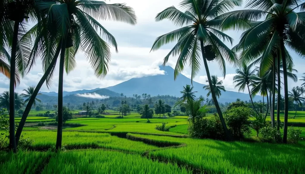 A lush, verdant landscape in Bali during the rainy season. In the foreground, a patchwork of vibrant rice paddies glistens with fresh raindrops. Towering palm trees sway gently in the cool breeze, their fronds casting dappled shadows on the ground below. In the middle distance, rolling hills are shrouded in a thin mist, creating an atmospheric, dreamlike quality. The background is dominated by the majestic silhouette of an active volcano, its peak partially obscured by wispy clouds. The lighting is soft and diffused, creating a serene, contemplative mood. Capture this idyllic Balinese landscape in a beautiful, high-resolution image.