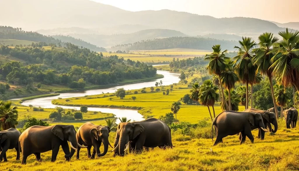 A lush, verdant landscape in Bihar, India, during the summer months. In the foreground, a herd of elephants grazes peacefully, their tusks gleaming in the warm afternoon sunlight. In the middle ground, a serene river winds its way through the scene, its banks lined with towering palm trees. In the background, rolling hills covered in a patchwork of vibrant green fields and dense forests create a breathtaking panorama. The scene is bathed in a warm, golden glow, with soft, diffused lighting that highlights the natural beauty of the wildlife and the environment. Capture this idyllic, weather-savvy setting with a wide-angle lens to showcase the grandeur of Bihar's natural wonders.