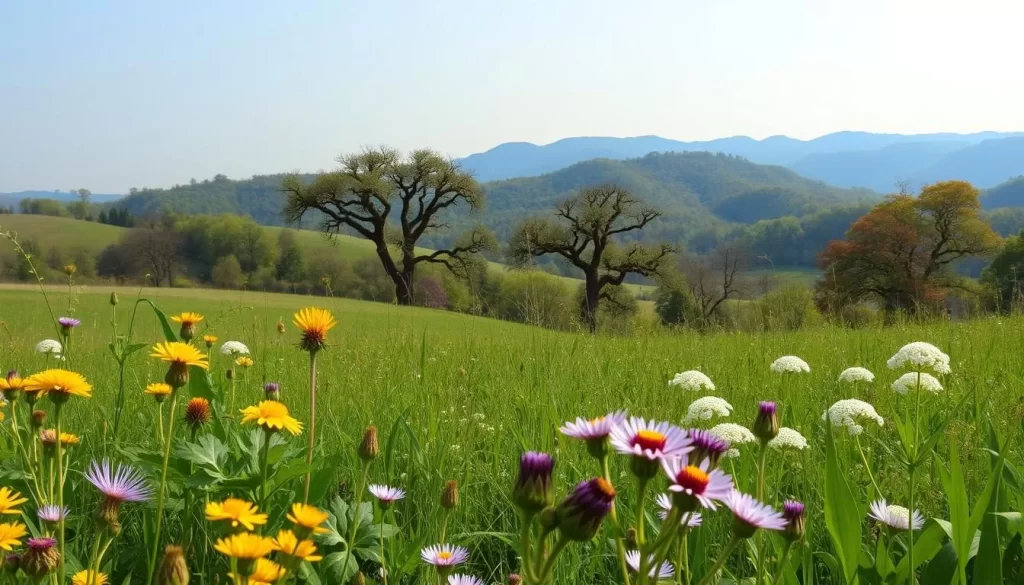 A lush, verdant landscape in Kentucky on a pleasant spring day. In the foreground, an array of vibrant wildflowers - goldenrod, purple coneflowers, and delicate Queen Anne's lace - sway gently in a light breeze. The middle ground features rolling hills dotted with sprawling oak and maple trees, their leaves rustling softly. In the distance, the Blue Ridge Mountains rise up, their peaks bathed in warm, diffused sunlight. The overall atmosphere is serene and tranquil, inviting the viewer to pause and take in the natural beauty. However, pollen particles float through the air, a subtle reminder of the allergy concerns facing Kentucky visitors during this time of year.
