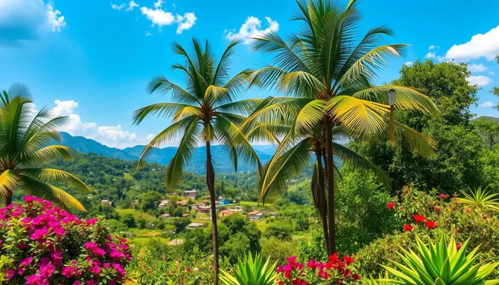 A lush, verdant landscape in Kpalimé, Togo, under a bright, cloudless sky. In the foreground, a vibrant garden bursting with exotic flowers and foliage. Towering palms sway gently in a warm breeze. The middle ground reveals a charming town nestled among rolling hills, rooftops peeking out from the verdant canopy. In the distance, majestic mountains rise up, their peaks bathed in golden sunlight. The scene exudes a sense of tranquility and natural beauty, perfectly capturing the ideal weather and seasons for visiting this picturesque destination.