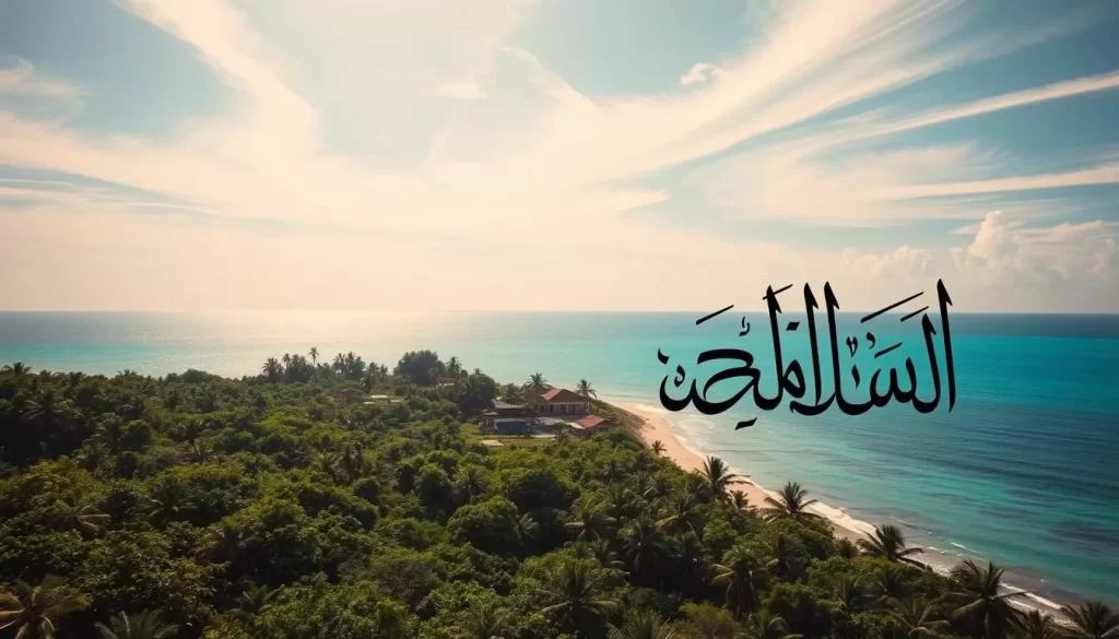A lush, verdant landscape in Lakshadweep, India, where the azure waters of the Arabian Sea gently lap against the shores. In the foreground, a graceful calligraphic script winds its way across the scene, weaving an intricate tapestry that reflects the historical influence of Arabic on the local languages. The middle ground showcases traditional dwellings, their architecture and design evoking the cultural heritage of the islands. In the background, a radiant sky with wispy clouds sets the stage for this captivating fusion of ancient scripts and modern island life. The lighting is soft and diffused, creating a sense of timeless serenity. The image captures the essence of the "Historical Evolution of Languages in Lakshadweep", a visual representation of the region's rich linguistic tapestry.