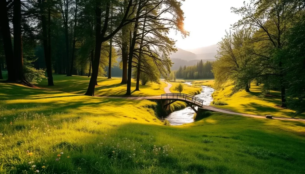 A lush, verdant landscape in Lublin, Poland, with towering trees, rolling hills, and a meandering stream cutting through the serene setting. Soft, diffused sunlight filters through the canopy, casting a warm, golden glow over the scene. In the foreground, a grassy meadow is dotted with colorful wildflowers, inviting visitors to stroll and bask in the tranquility. The middle ground features a wooden footbridge arching over the crystal-clear stream, with a small path leading deeper into the forest. In the background, the silhouettes of distant hills and mountains create a sense of depth and natural wonder. The overall atmosphere is one of peaceful escapism, capturing the essence of Lublin's natural beauty.
