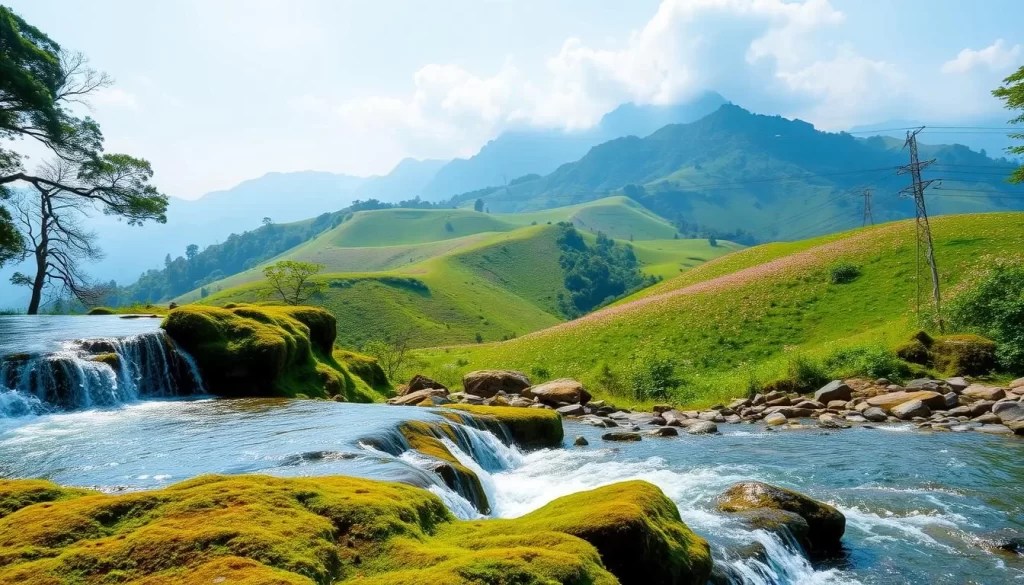 A lush, verdant landscape in Meghalaya, India during the spring season. In the foreground, a cascading waterfall tumbles over mossy rocks, its crystal-clear waters glistening in the warm sunlight. In the middle ground, rolling hills covered in a patchwork of blooming wildflowers sway gently in a light breeze. Beyond, towering, mist-shrouded mountains rise up, their peaks capped with a dusting of snow. The air is filled with the sweet fragrance of budding flora and the chirping of vibrant birds. Capture this serene, picturesque scene with a wide-angle lens to fully immerse the viewer in the lush, verdant beauty of Meghalaya in springtime.