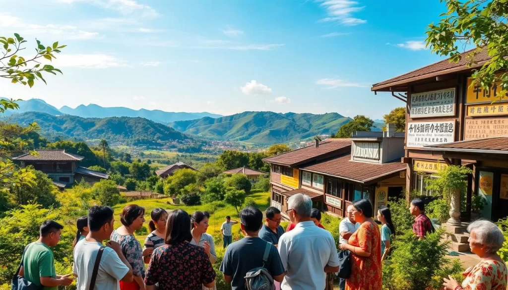 A lush, verdant landscape in Miaoli County, Taiwan, showcasing the linguistic diversity of the region. In the foreground, people from various ethnic backgrounds converse animatedly, their gestures and expressions reflecting the richness of their native tongues. The middle ground features traditional buildings and signage in a variety of scripts, from Chinese characters to local indigenous scripts. In the background, rolling hills and a clear blue sky create a serene, picturesque setting. The scene is bathed in warm, natural lighting, capturing the vibrant and welcoming atmosphere of this linguistically diverse community.