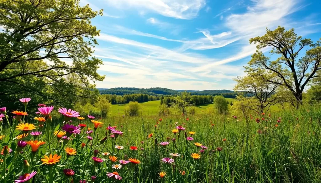 A lush, verdant landscape in Missouri during the spring season. In the foreground, a riot of vibrant wildflowers sway gently in a light breeze, their petals catching the warm, golden sunlight. In the middle ground, leafy trees and rolling hills create a serene backdrop, their fresh, verdant foliage a testament to the season's renewal. In the distance, wispy clouds drift across a bright, azure sky, casting delicate shadows upon the earth below. The overall scene conveys a sense of tranquility and the natural cycle of rebirth, perfectly capturing the essence of spring in Missouri.
