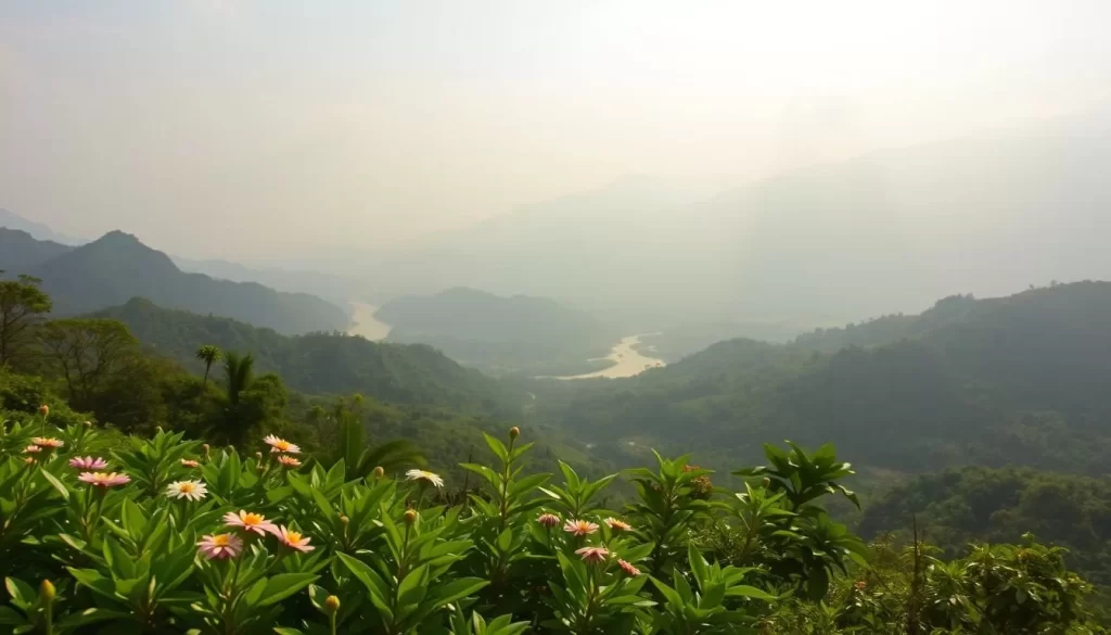 A lush, verdant landscape in Mizoram, India, showcasing the region's distinct climatic seasons. In the foreground, vibrant green foliage and blooming flowers under a warm, golden sunlight. In the middle ground, rolling hills and misty valleys, with a hint of a winding river snaking through. The background features towering, mist-shrouded mountain peaks, creating a sense of tranquility and grandeur. The lighting is soft and diffused, casting a serene, ethereal atmosphere. Captured through a wide-angle lens, the scene reflects the diverse, ever-changing climate that defines the unique character of Mizoram.
