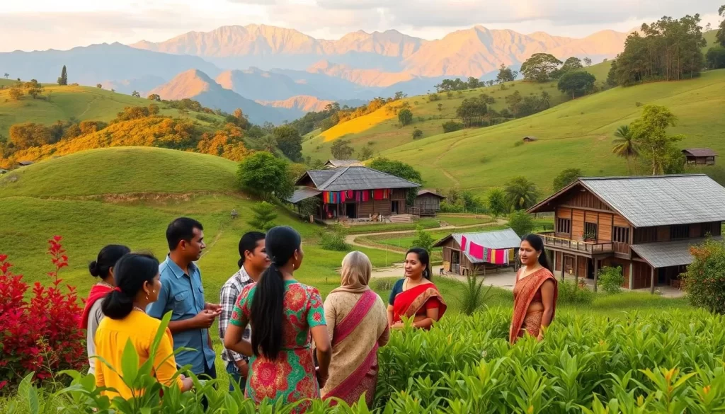A lush, verdant landscape in Mizoram, India, where rolling hills are dotted with vibrant hues of tropical foliage. In the foreground, a group of people from diverse ethnic backgrounds engage in lively conversation, their animated gestures and expressions showcasing the linguistic richness of the region. The middle ground features a traditional Mizo village, with intricate wooden architecture and colorful textiles drying in the gentle breeze. In the distance, majestic mountains rise, their peaks bathed in warm, golden light, creating an atmosphere of tranquility and natural wonder. The overall scene conveys the cultural vibrancy and linguistic diversity that permeates the lives of the Mizo people.