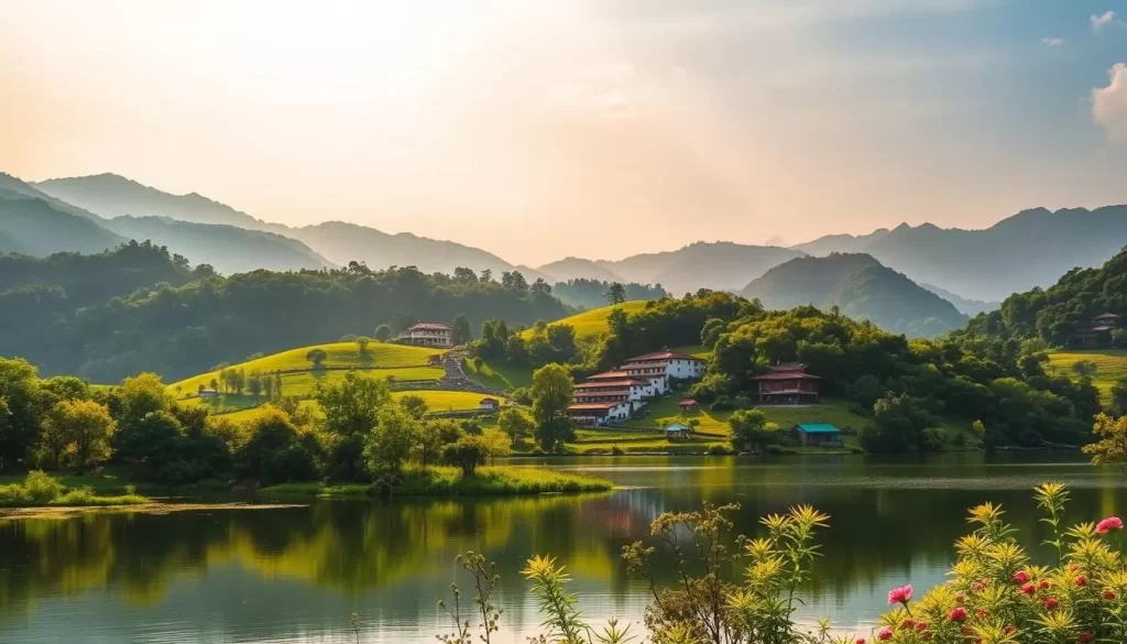 A lush, verdant landscape in Nantou County, Taiwan, bathed in warm, golden sunlight. In the foreground, a tranquil lake reflects the surrounding mountains and forests, offering a serene and picturesque setting. The middle ground features rolling hills dotted with vibrant flowers and traditional Taiwanese architecture, while the background showcases the majestic peaks of the Central Mountain Range. The scene exudes a sense of calm and natural beauty, inviting the viewer to explore the best months to experience the weather-savvy charm of this stunning region.