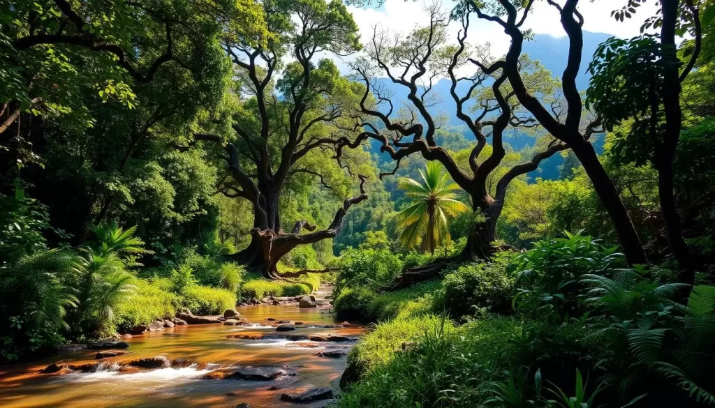 A lush, verdant landscape in Pahang, Malaysia, where towering rainforest canopies cast dappled shadows on the forest floor below. In the foreground, a crystal-clear stream meanders through the undergrowth, its waters reflecting the vibrant hues of the surrounding foliage. In the middle ground, ancient, gnarled trees stand as sentinels, their twisted branches reaching skyward. The background features majestic mountains, their peaks capped with wispy clouds. Warm, golden light filters through the leaves, imbuing the scene with a serene, tranquil atmosphere. The overall impression is one of a pristine, untouched natural paradise, a true oasis of beauty and wonder.