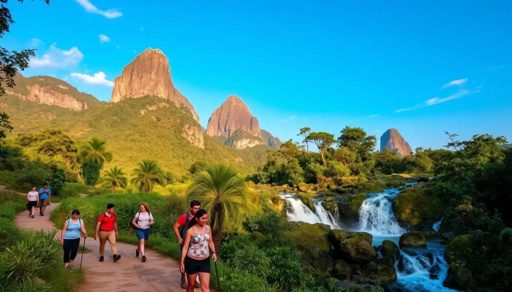 A lush, verdant landscape in Perak, Malaysia, where nature lovers bask in the beauty of their surroundings. In the foreground, a group of hikers traverse a winding trail, their faces alight with wonder as they take in the stunning vistas. In the middle ground, a cascading waterfall tumbles over moss-covered rocks, its crystal-clear waters reflecting the azure sky above. In the background, towering limestone cliffs rise majestically, their rugged peaks piercing the horizon. The scene is bathed in warm, golden light, creating a serene and tranquil atmosphere that invites one to pause and appreciate the grandeur of the natural world.