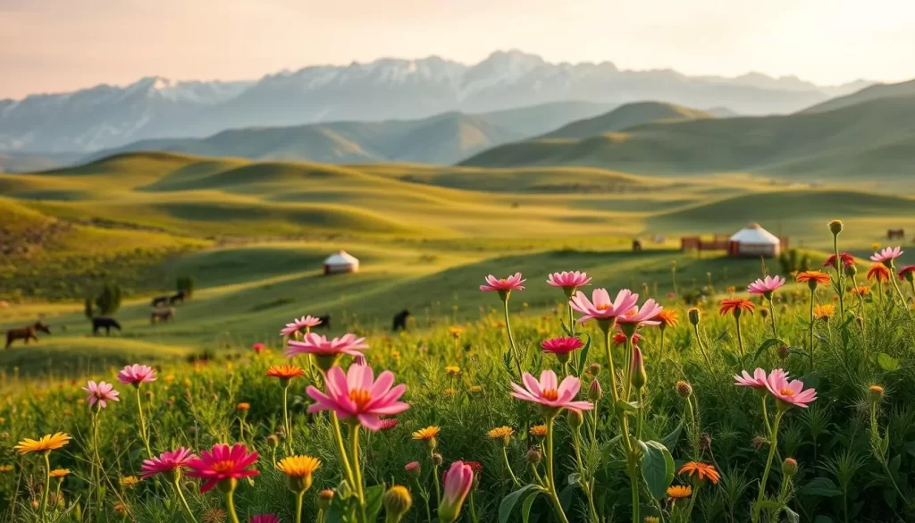 A lush, verdant landscape in Turkmenistan during the spring season. Vibrant wildflowers in full bloom adorn the foreground, their petals swaying gently in a warm breeze. In the middle ground, rolling hills dotted with traditional Turkmen yurts and the occasional grazing herd of sheep or goats. The background features the majestic Kopet Dag mountain range, its snowcapped peaks catching the golden rays of the sun. The lighting is soft and diffused, creating a serene, tranquil atmosphere. Capture this idyllic scene with a wide-angle lens to showcase the breadth and beauty of the Turkmen countryside in springtime.