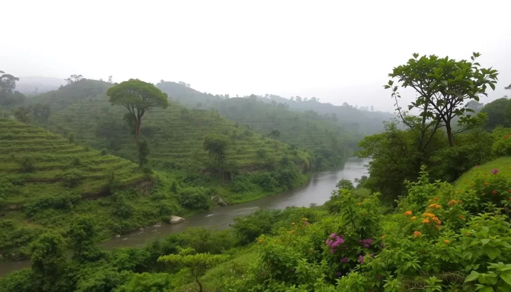 A lush, verdant landscape in Uttar Pradesh, India, during the height of the monsoon season. Rolling hills are blanketed in a tapestry of vibrant green foliage, dotted with clusters of vibrant wildflowers. In the foreground, a winding river cuts through the terrain, its surface glistening under the soft, diffused light of an overcast sky. Towering, majestic trees line the riverbanks, their branches heavy with the weight of recent rainfall. The air is thick with the earthy, rejuvenating scent of the season, creating a serene and tranquil atmosphere. An idyllic scene that captures the essence of Uttar Pradesh's weather during the monsoon months.