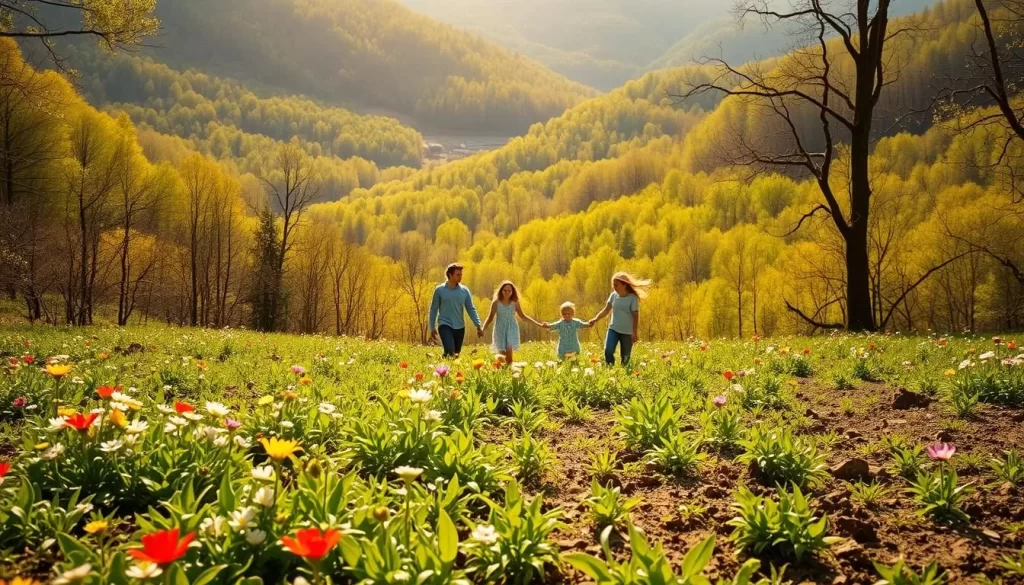 A lush, verdant landscape in West Virginia, bathed in warm, golden sunlight. In the foreground, a young couple strolls hand-in-hand, taking in the vibrant blooms of freshly sprouted wildflowers. In the middle ground, children frolic and play, kicking up the soft, earthy soil as they explore the awakening nature around them. In the distance, rolling hills and dense forests come alive, their once-bare trees now adorned with the delicate, emerald foliage of spring. The air is crisp and invigorating, filled with the cheerful chirping of birds and the gentle rustling of leaves. This idyllic scene captures the essence of West Virginia's spring, a time of renewal and boundless outdoor adventure.