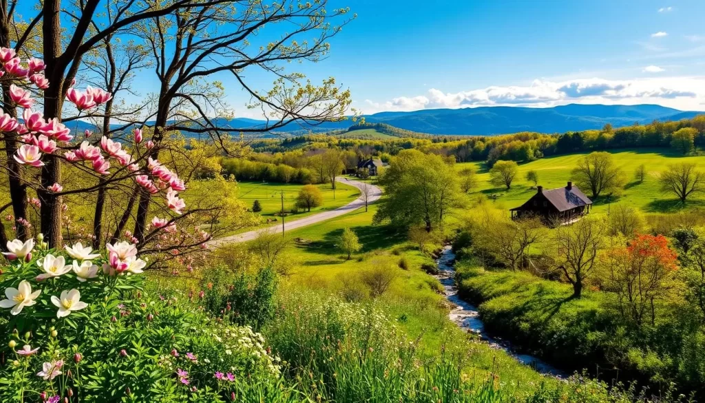 A lush, verdant landscape in central Arkansas, with rolling hills and meandering streams. The foreground features a vibrant display of springtime blooms - fragrant dogwood trees, colorful azaleas, and delicate wildflowers carpeting the forest floor. Sunlight filters through the canopy, casting a warm, golden glow. In the middle ground, a charming country road winds through the scene, flanked by budding trees and quaint farmhouses. The background showcases the Ozark Mountains, their peaks capped with a dusting of cloud. The overall mood is one of serene tranquility, inviting the viewer to immerse themselves in the natural beauty of Arkansas during the springtime.