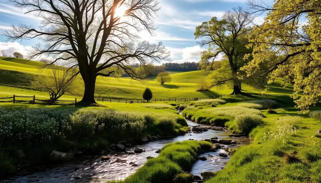 A lush, verdant landscape in central Ohio during the spring season. Sunlight filters through wispy clouds, casting a warm, golden glow over rolling hills dotted with blooming wildflowers. In the foreground, a babbling brook winds its way through the scene, its crystal-clear waters reflecting the vibrant greens of the surrounding foliage. Towering oak and maple trees line the banks, their fresh, new leaves rustling gently in a gentle breeze. A family of songbirds flits between the branches, their cheerful melodies filling the air. The overall mood is one of tranquility and renewal, perfectly capturing the essence of springtime in the Buckeye State.