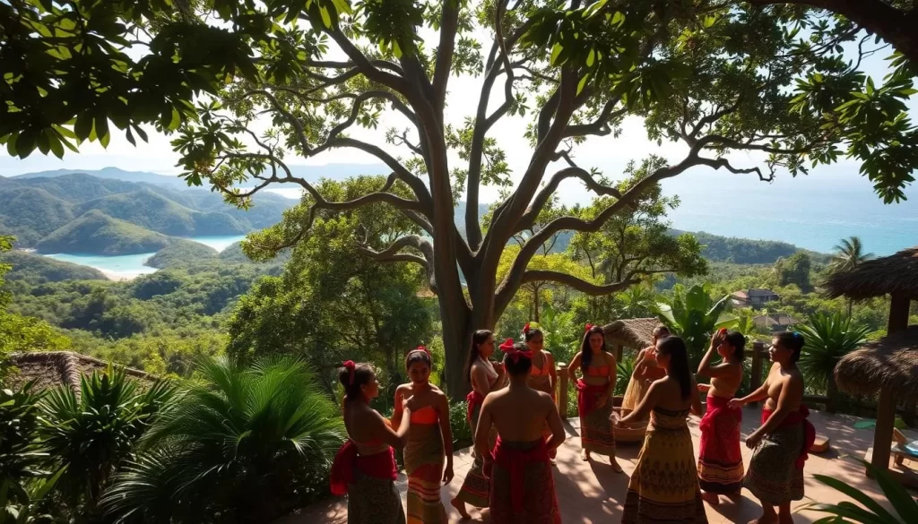 A lush, verdant landscape in the Andaman Islands, showcasing the rich linguistic diversity of the indigenous tribal communities. Sunlight filters through the dense foliage, illuminating the intricate patterns and textures of the local architecture. In the foreground, a group of Andamanese people engage in a traditional dance, their vibrant costumes and expressive movements capturing the essence of their unique cultural heritage. In the middle ground, a towering banyan tree stands as a testament to the enduring connection between the tribes and their natural surroundings. The background features rolling hills and sparkling azure waters, creating a serene and picturesque setting that embodies the remote and untouched charm of the Andaman Islands.