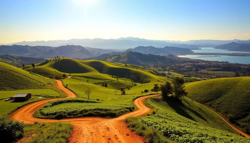 A lush, verdant landscape in the Southern Highlands of Tanzania, Mbeya's rolling hills and fertile valleys stretch out under a warm, golden sun. In the foreground, a winding dirt road winds its way through verdant farmlands, dotted with vibrant crops and the occasional traditional homestead. The middle ground features magnificent mountains, their peaks capped with a dusting of snow, casting long shadows across the serene terrain. In the distance, a shimmering lake reflects the azure sky, its tranquil waters offering a glimpse of the region's natural splendor. The overall scene conveys a sense of tranquility and timelessness, inviting the viewer to explore this beautiful corner of Tanzania.