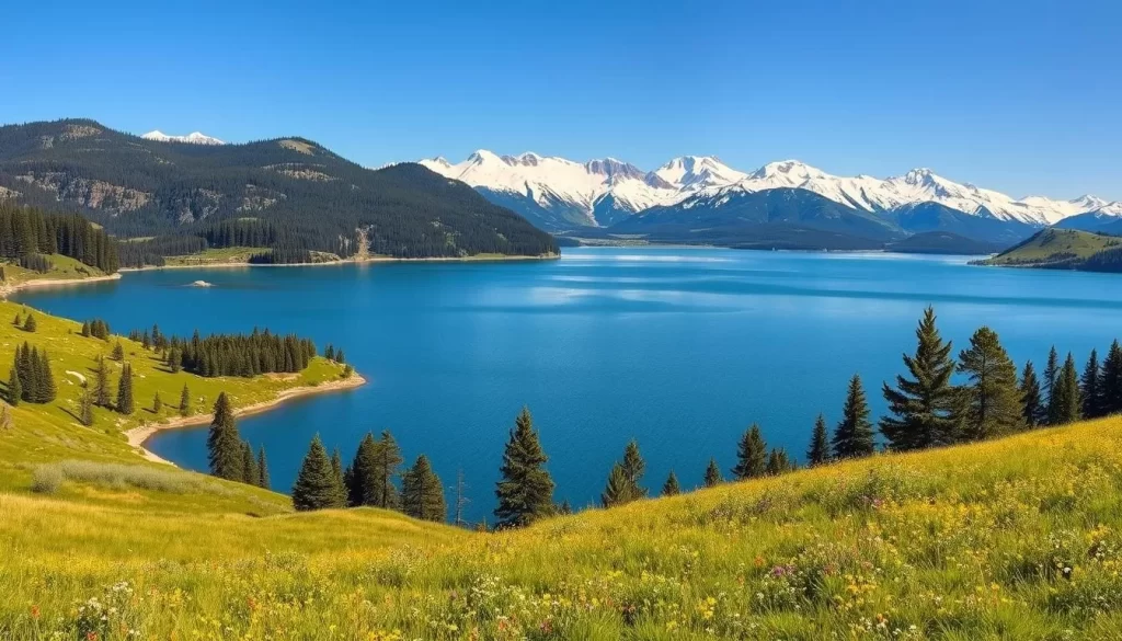 A lush, verdant landscape in the foreground, with rolling hills and a flourishing meadow dotted with vibrant wildflowers. In the middle ground, a tranquil lake reflects the clear blue sky above, fringed by clusters of towering pine trees. Farther back, majestic snow-capped mountains rise majestically, their peaks bathed in warm, golden sunlight. The scene conveys the distinct seasons of North Dakota, from the lush green of spring and summer to the crisp, white winters, all captured in a single, breathtaking panorama. The lighting is natural and diffuse, creating a serene, picturesque atmosphere.