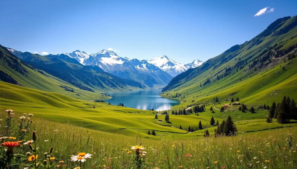 A lush, verdant landscape in the heart of Idaho, captured on a warm, sun-dappled day. In the foreground, rolling hills adorned with wildflowers sway gently in a light breeze. Towering mountain peaks rise majestically in the distance, their snow-capped summits reflecting the bright, cloudless sky. A serene lake nestled between the hills mirrors the surrounding natural beauty, its calm surface providing a mirror-like reflection. The scene exudes a sense of tranquility and invites the viewer to immerse themselves in the picturesque wonder of Idaho's best months for a weather-savvy trip.
