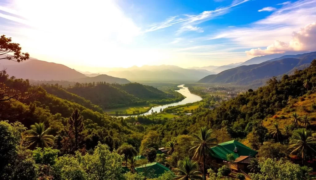 A lush, verdant landscape in the heart of Jharkhand, India, bathed in warm, golden sunlight. In the foreground, rolling hills and dense forests teeming with vibrant flora and fauna. In the middle ground, a winding river reflecting the azure sky above, its banks dotted with traditional villages. In the distance, the imposing silhouettes of ancient mountains, their peaks shrouded in wispy clouds. The scene radiates a sense of tranquility and timelessness, capturing the essence of Jharkhand's captivating climate and geography.