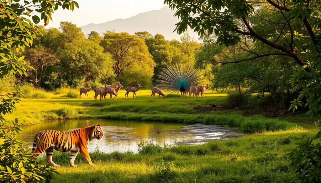 A lush, verdant landscape in the heart of Maharashtra during the summer season. Vibrant, sun-dappled foliage frames a serene watering hole, where a diverse array of wildlife gathers to quench their thirst. In the foreground, a majestic tiger prowls, its powerful muscles rippling beneath a sleek, golden coat. Nearby, a herd of spotted deer graze peacefully, their large eyes scanning the surroundings. In the middle ground, a peacock spreads its magnificent tail, its iridescent feathers shimmering in the warm, golden light. In the distance, a towering mountain range rises, its peaks capped with a subtle haze. The scene exudes a sense of tranquility and harmony, capturing the essence of Maharashtra's lush, wildlife-rich landscapes during the summer months.