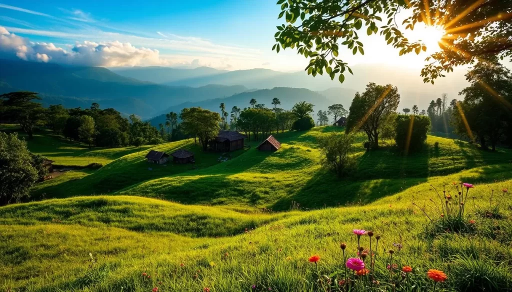 A lush, verdant landscape in the hills of Nagaland during the summertime. Rolling green meadows dotted with vibrant wildflowers in the foreground, with traditional bamboo huts and straw-roofed homes nestled among the trees in the middle ground. In the background, misty blue mountains rise up, their peaks capped with wispy clouds. Warm, golden sunlight filters through the leaves, casting a soft, dreamy glow over the entire scene. The air is filled with the buzzing of cicadas and the sweet fragrance of blooming flora. An idyllic, tranquil summer day in the picturesque region of Nagaland, India.