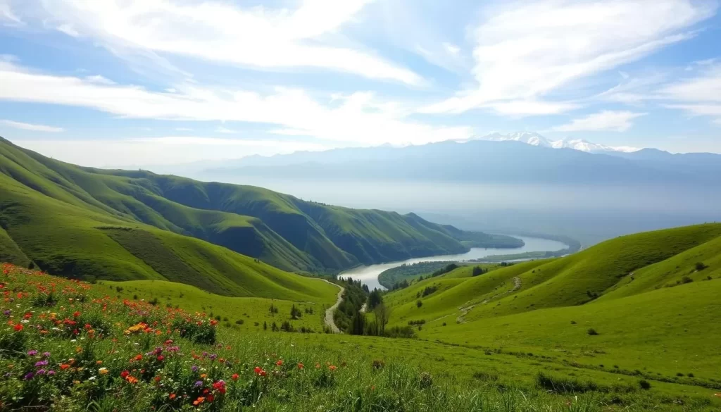 A lush, verdant landscape in the mountainous region of Sikkim, India, with a clear sky and gentle sunlight filtering through wispy clouds. In the foreground, rolling hills dotted with vibrant wildflowers and verdant meadows. In the middle ground, a winding river weaves through the scene, its calm waters reflecting the surrounding peaks. In the background, the majestic Himalayas rise up, their snow-capped summits glistening in the sunlight. The overall mood is one of serenity and natural beauty, capturing the diverse seasonal weather patterns that Sikkim experiences throughout the year.