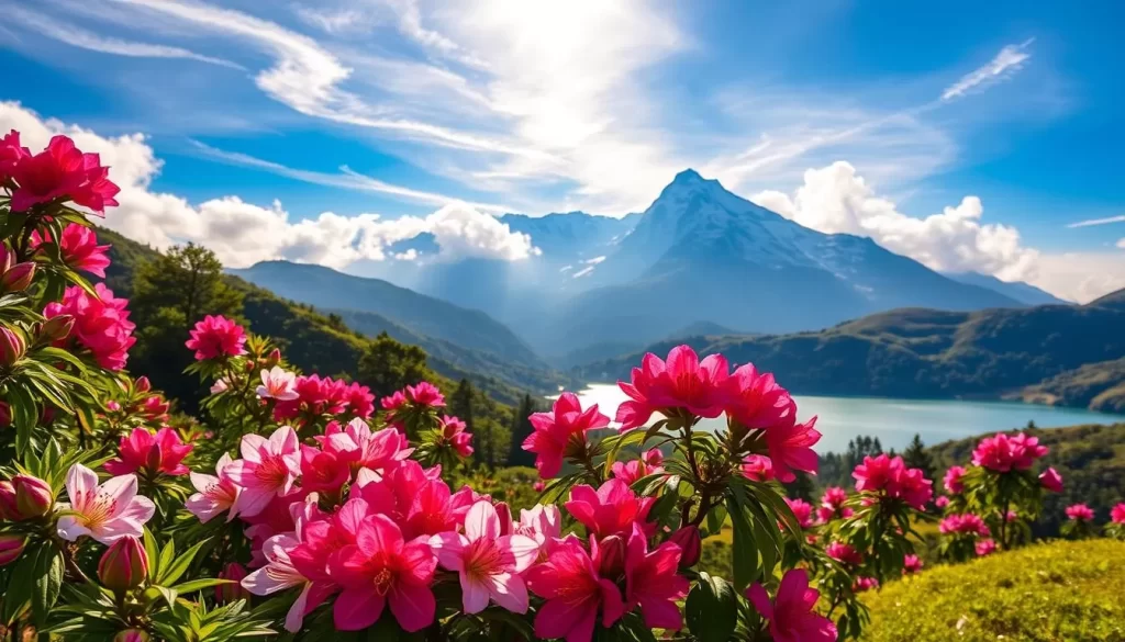 A lush, verdant landscape in the rolling hills of Sikkim, India. In the foreground, a vibrant array of rhododendron blossoms in shades of pink, red, and white, their petals gently swaying in the spring breeze. Towering, snow-capped peaks rise majestically in the background, their majestic presence reflecting in a tranquil mountain lake. Warm, golden sunlight filters through wispy clouds, casting a soft, ethereal glow over the entire scene. The air is crisp and clean, filled with the sweet scent of spring flowers. This idyllic vision encapsulates the beauty and serenity of Sikkim's blooming paradise during the March-May season.