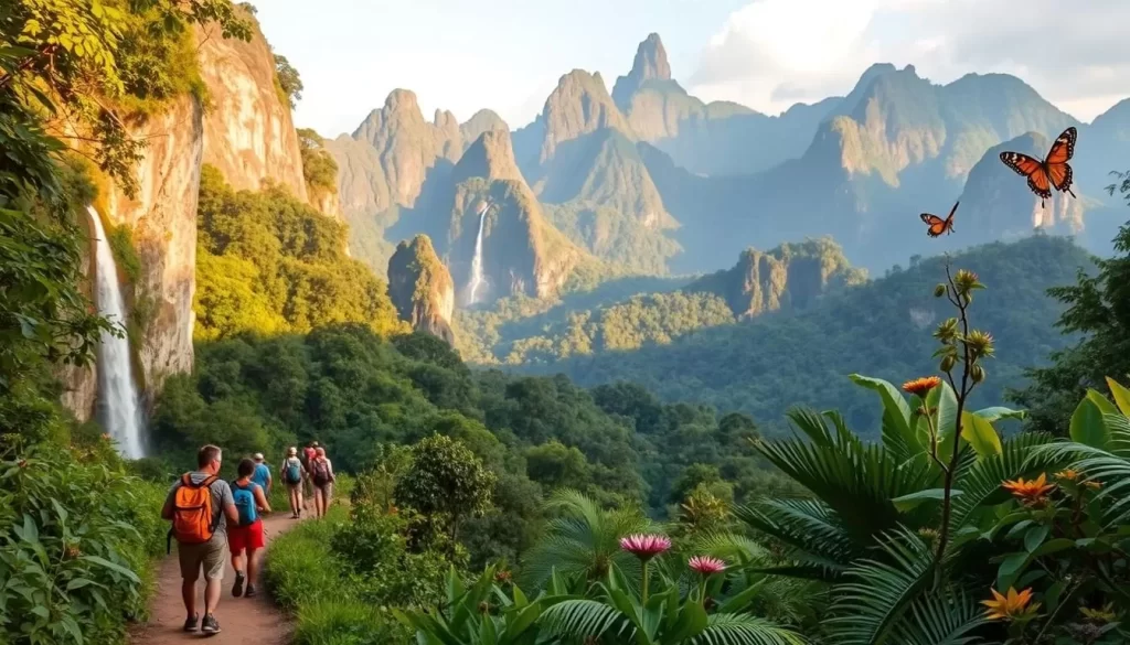 A lush, verdant landscape of Gunung Mulu National Park, Malaysia, comes to life. In the foreground, adventurous hikers traverse a meandering trail, admiring the towering limestone formations and cascading waterfalls. The middle ground showcases the diverse flora and fauna, with exotic birds and butterflies fluttering amidst the vibrant foliage. In the background, the majestic peaks of the Mulu mountains rise majestically, their rugged grandeur complemented by the warm, golden light of a sun-dappled day. The scene exudes a sense of tranquility and wonder, inviting the viewer to immerse themselves in the natural splendor of this remarkable Malaysian destination.