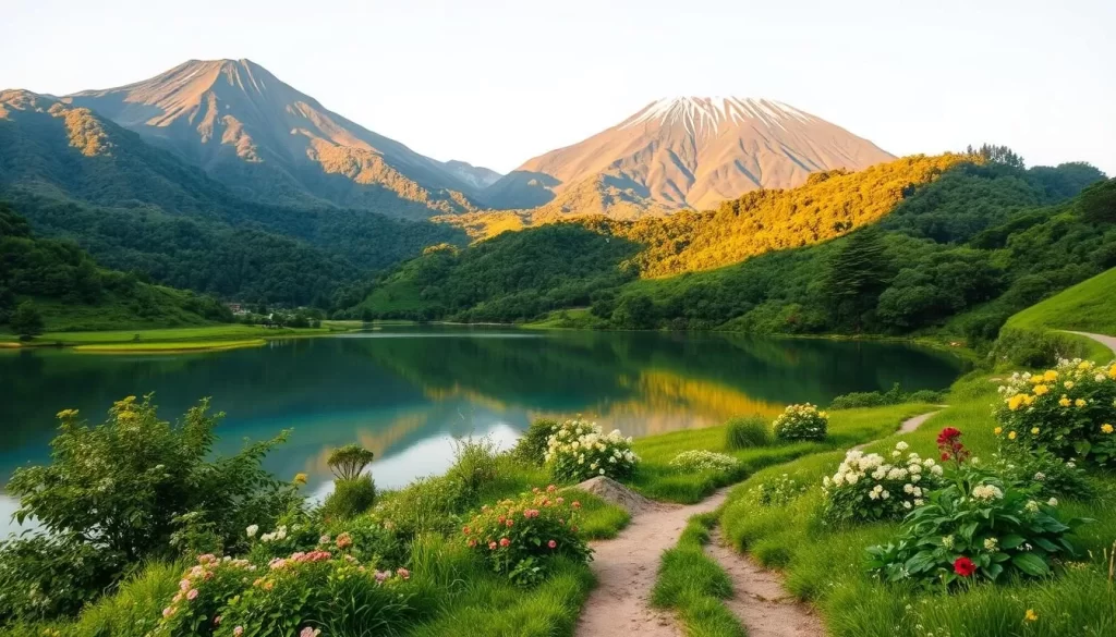 A lush, verdant landscape of Jeju Island unfolds before the viewer. In the foreground, a serene, crystal-clear lake reflects the surrounding mountains and forests, creating a mirrored effect. Towering volcanic peaks rise in the distance, capped with a dusting of snow that catches the warm, golden sunlight. Vibrant green foliage covers the slopes, dotted with blooming flowers that add splashes of color. The scene is bathed in a soft, diffuse lighting that casts long shadows, conveying a sense of tranquility and natural harmony. A winding trail leads the eye through the idyllic setting, inviting the viewer to explore the island's breathtaking natural beauty.