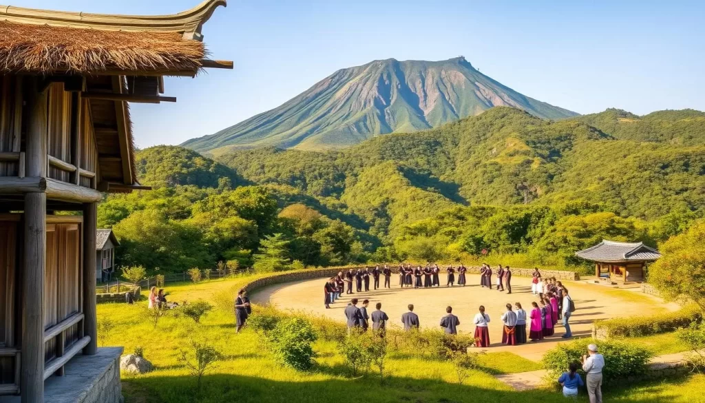A lush, verdant landscape of Jeju Island's UNESCO World Heritage site, the Jeju Volcanic Island and Lava Tubes. In the foreground, a traditional Korean thatched-roof house, its weathered wooden beams and thatched roof glowing in the warm afternoon sunlight. In the middle ground, a group of locals in traditional Jeju garb, gathered around a central performance area, engaged in a vibrant cultural dance or ritual. In the background, the iconic volcanic peaks of Hallasan mountain rise majestically, their slopes blanketed in a patchwork of green forests and rocky outcroppings. The overall scene emanates a sense of timeless cultural heritage, tradition, and the harmonious integration of Jeju's natural and human elements.