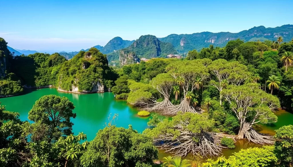 A lush, verdant landscape of Khao Sam Roi Yot National Park, Thailand. In the foreground, a serene, turquoise lagoon surrounded by towering limestone cliffs draped in vibrant greenery. In the middle ground, a picturesque mangrove forest with its intricate root systems extending into the water. In the distant background, rolling hills and mountains shrouded in a warm, hazy light. Capture the park's diverse ecosystems, from the coastal lagoons to the inland forests, under a clear, azure sky. Use a wide-angle lens to showcase the park's stunning natural beauty in a cinematic, panoramic composition.