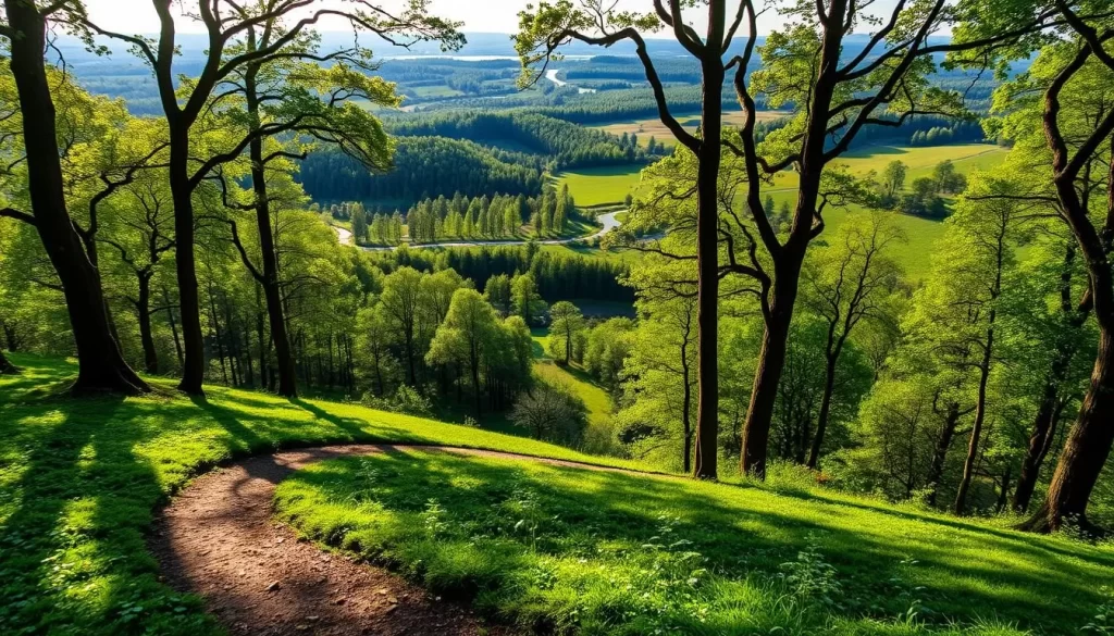 A lush, verdant landscape of rolling hills and dense forests, Hoge Kempen National Park in Belgium is a natural wonder. Capture the serene beauty of this protected area, where sunlight filters through towering trees, casting a warm glow on the winding trails below. In the foreground, a winding path leads through a carpet of vibrant greenery, inviting visitors to explore. In the middle ground, dense clusters of deciduous and evergreen trees create a layered, picturesque scene. The background showcases the gently undulating terrain, dotted with small ponds and streams reflecting the tranquil sky above. Convey a sense of peace and tranquility, as if the viewer is truly immersed in the heart of this stunning Belgian national park.