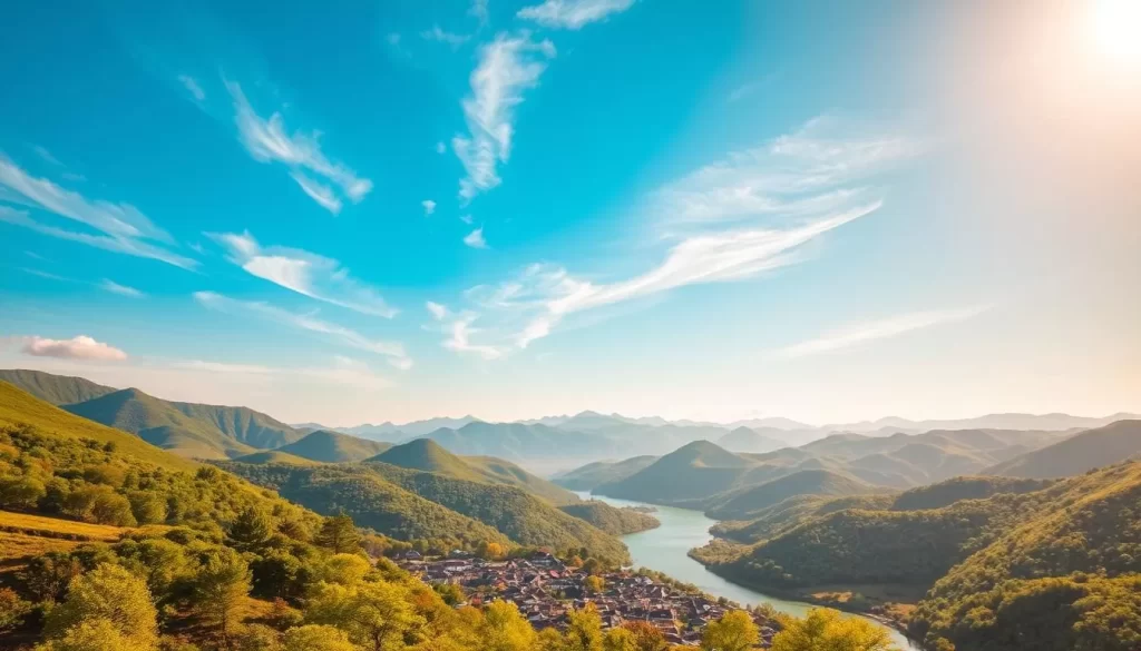 A lush, verdant landscape of rolling hills and vibrant foliage stretches out under a warm, golden sun in North Gyeongsang Province, South Korea. Wispy clouds drift lazily across a clear, azure sky, casting gentle shadows upon the scenic vistas below. In the foreground, a picturesque village nestled amidst the verdant hills, its traditional Korean-style architecture blending seamlessly with the natural environment. The middle ground features a tranquil river winding through the countryside, its glimmering surface reflecting the surrounding beauty. In the distance, rugged mountains rise majestically, their peaks capped with a dusting of snow, creating a breathtaking panoramic view. This image captures the essence of North Gyeongsang Province's climate - a harmonious blend of lush, temperate landscapes and awe-inspiring natural wonders.