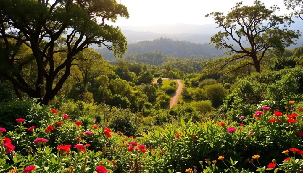 A lush, verdant landscape of the Aberdare National Park unfolds before the viewer. In the foreground, a vibrant tapestry of diverse native flora – towering fig trees, vibrant wildflowers, and dense foliage – create a sense of abundant life. The middle ground reveals a winding trail, inviting the viewer to explore the park's hidden treasures. Sunlight filters through the canopy, casting a warm, golden glow over the scene and accentuating the rich, earthy tones of the vegetation. In the background, the silhouettes of distant hills and mountains create a sense of depth and grandeur, hinting at the park's expansive wilderness. The overall mood is one of serenity, tranquility, and a deep appreciation for the natural beauty of this Kenyan gem.