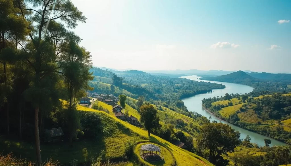 A lush, verdant landscape of the Barak Valley in Assam, India. Rolling hills dotted with picturesque villages, their thatched-roof houses nestled amidst swaying bamboo groves. In the distance, the mighty Barak River winds its way through the valley, its azure waters reflecting the bright, cloudless sky above. Sunlight filters through the canopy of towering trees, casting a warm, golden glow over the idyllic scene. A sense of tranquility and harmony pervades the air, as if time has slowed to a gentle, unhurried pace. This serene, pastoral setting captures the essence of the Bengali cultural heritage that thrives in this region of Assam.