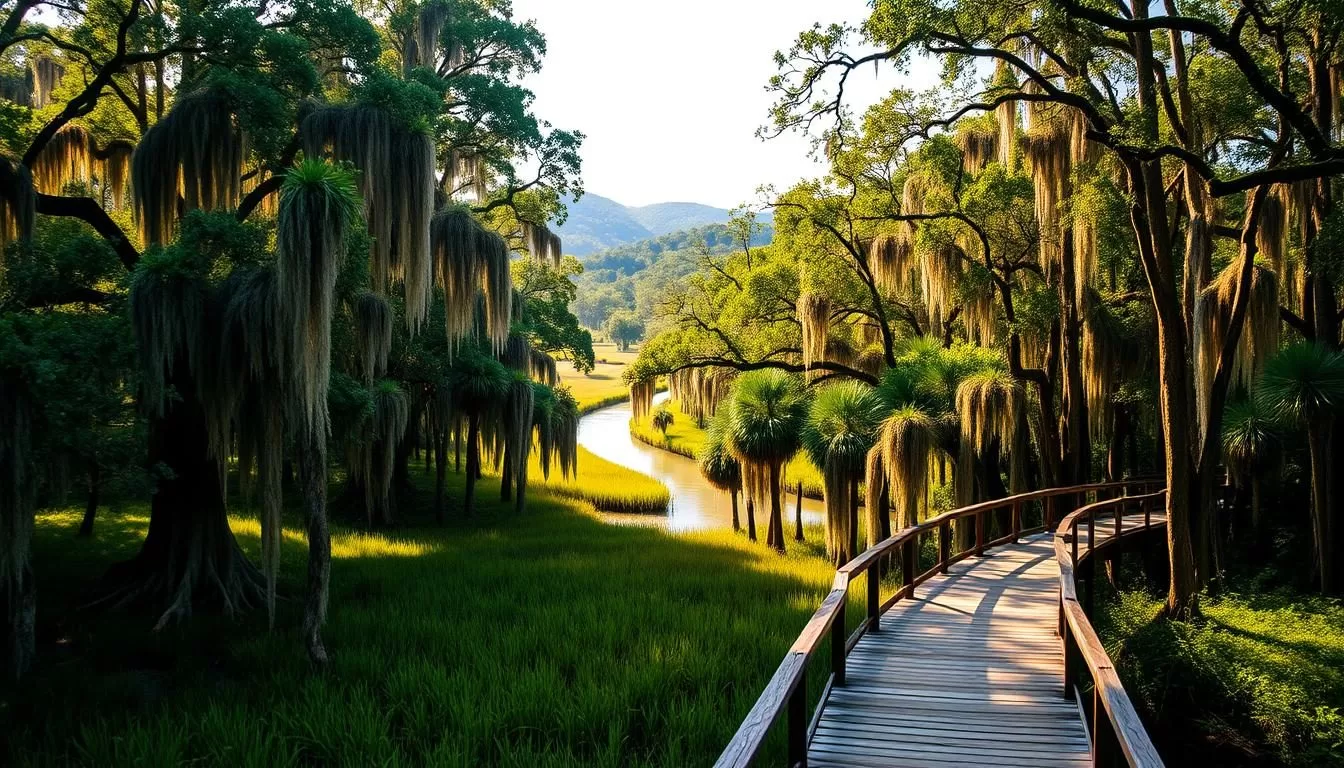 A lush, verdant landscape of the Congaree National Park in South Carolina. Towering bald cypress trees draped in Spanish moss line the meandering, reflective river. Sunlight filters through the dense canopy, casting a warm, golden glow across the serene scene. In the foreground, a wooden boardwalk leads visitors through the tranquil wetlands, inviting exploration of this biodiverse, primeval forest. Rolling hills and verdant marshes form the distant background, creating a picturesque panorama of this unique and protected ecosystem.