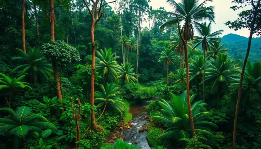 A lush, verdant landscape of the Deramakot Forest Reserve in Malaysia, where towering trees and vibrant foliage create a captivating natural tableau. Capture the scene with a wide-angle lens, showcasing the depth and grandeur of this pristine rainforest. Soft, diffused lighting filters through the canopy, casting a warm, golden glow across the forest floor. In the foreground, a winding stream or river meanders through the undergrowth, reflecting the surrounding greenery. In the middle ground, take in the intricate patterns and textures of the diverse flora, from the broad leaves of towering palms to the delicate fronds of ferns. In the distance, the forest stretches out, inviting the viewer to explore the myriad wonders of this enchanting natural sanctuary.