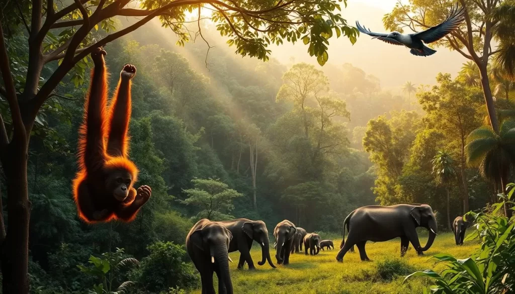 A lush, verdant landscape of the Deramakot Forest Reserve in Sabah, Malaysia. Sunlight filters through the dense canopy, casting a warm glow on the forest floor. In the foreground, a family of orangutans swings gracefully from tree to tree, their reddish-brown fur gleaming. Nearby, a herd of wild elephants peacefully grazes, their massive frames silhouetted against the vibrant foliage. In the distance, a majestic rhinoceros hornbill soars overhead, its distinctive beak and striking black-and-white plumage on full display. This image captures the rich biodiversity and serene beauty of Borneo's hidden wildlife paradise.