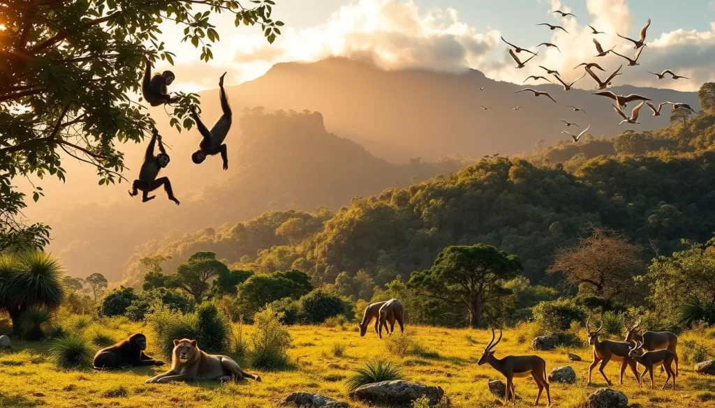 A lush, verdant landscape of the Mahale Mountains, Tanzania. In the foreground, a troop of chimpanzees swinging through the canopy, their agile movements captured in a dynamic, cinematic frame. The middle ground showcases a diverse array of East African wildlife - a majestic lion resting in the shade, a herd of graceful gazelles grazing, and a vibrant flock of exotic birds taking flight. The background features the towering, forested peaks of the Mahale range, bathed in warm, golden sunlight that filters through the wispy clouds. The scene exudes a sense of tranquility and harmony, inviting the viewer to immerse themselves in the natural wonders of this remarkable national park.