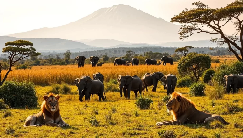 A lush, verdant landscape of the Mount Kenya National Park, where diverse wildlife thrives. In the foreground, a pride of majestic lions lounges in the warm, golden sunlight, their regal features captured in vivid detail. In the middle ground, a herd of elephants gracefully meanders through the tall, swaying grasses, their massive forms casting dramatic shadows. In the distance, the towering, snow-capped peaks of Mount Kenya rise majestically, framing the scene with a sense of grandeur. The overall atmosphere is one of tranquility and wonder, inviting the viewer to immerse themselves in the natural wonder of this exceptional wildlife sanctuary.
