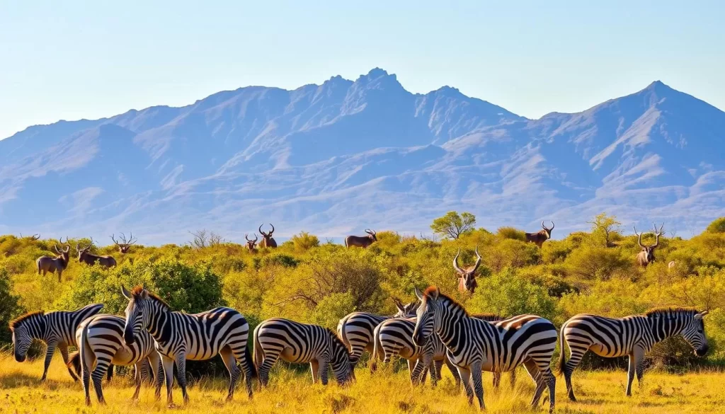A lush, verdant landscape of the Mountain Zebra National Park in South Africa. In the foreground, a herd of majestic mountain zebras grazes peacefully, their distinctive black-and-white stripes shimmering in the warm, golden light. In the middle ground, a family of kudus emerges from the dense, vibrant foliage, their spiral horns silhouetted against the clear, azure sky. In the background, rugged, sun-dappled mountains rise, creating a dramatic, awe-inspiring backdrop. The scene is filled with a sense of tranquility and the rich, diverse wildlife that inhabits this protected ecosystem.