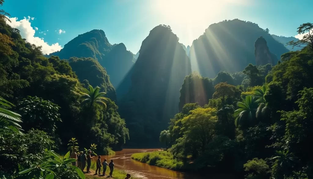 A lush, verdant landscape of the Mulu National Park in Malaysia on a sunny day. The towering, limestone karst formations rise majestically, casting dramatic shadows across the scene. In the foreground, a meandering river winds its way through the dense, tropical foliage, reflecting the azure sky above. Beams of warm, golden light filter through the canopy, illuminating the vibrant greens of the surrounding vegetation. In the middle ground, a group of curious visitors explore the park's renowned caves, their silhouettes providing a sense of scale against the imposing rock formations. The atmosphere is one of tranquility and wonder, inviting the viewer to immerse themselves in the natural beauty of this remarkable UNESCO World Heritage site.