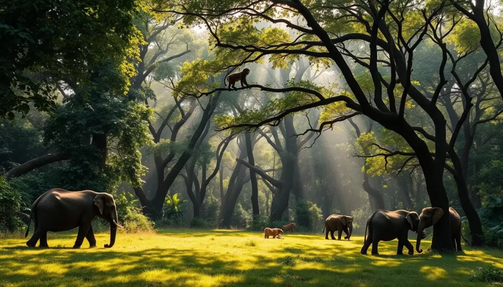 A lush, verdant landscape of the Rau Forest Reserve unfolds, where sunlight filters through the canopy of towering trees. In the foreground, a family of elephants grazes peacefully, their massive forms casting gentle shadows on the forest floor. Deeper within, a pride of lions rests in the dappled light, their golden coats gleaming. Monkeys swing from branch to branch, their curious eyes observing the scene. The soft chirping of birds and the rustling of leaves create a soothing symphony, immersing the viewer in the serene tranquility of this untamed wilderness. A wide-angle lens captures the depth and grandeur of this wildlife haven, inviting the observer to become part of the natural harmony.