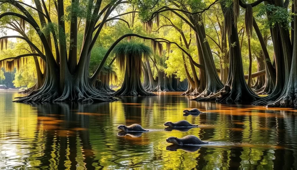 A lush, verdant landscape of towering cypress trees, their knobby roots anchored in the shallow waters of the Congaree River. Sunlight filters through the canopy, casting a warm, golden glow over the tranquil, mirror-like surface. In the distance, a family of otters playfully navigates the meandering waterways, their sleek forms cutting effortlessly through the reflections. The air is alive with the chirping of birds and the rustling of leaves, creating a soothing symphony that beckons visitors to immerse themselves in the unspoiled natural beauty of Congaree National Park, a hidden gem in the heart of South Carolina.